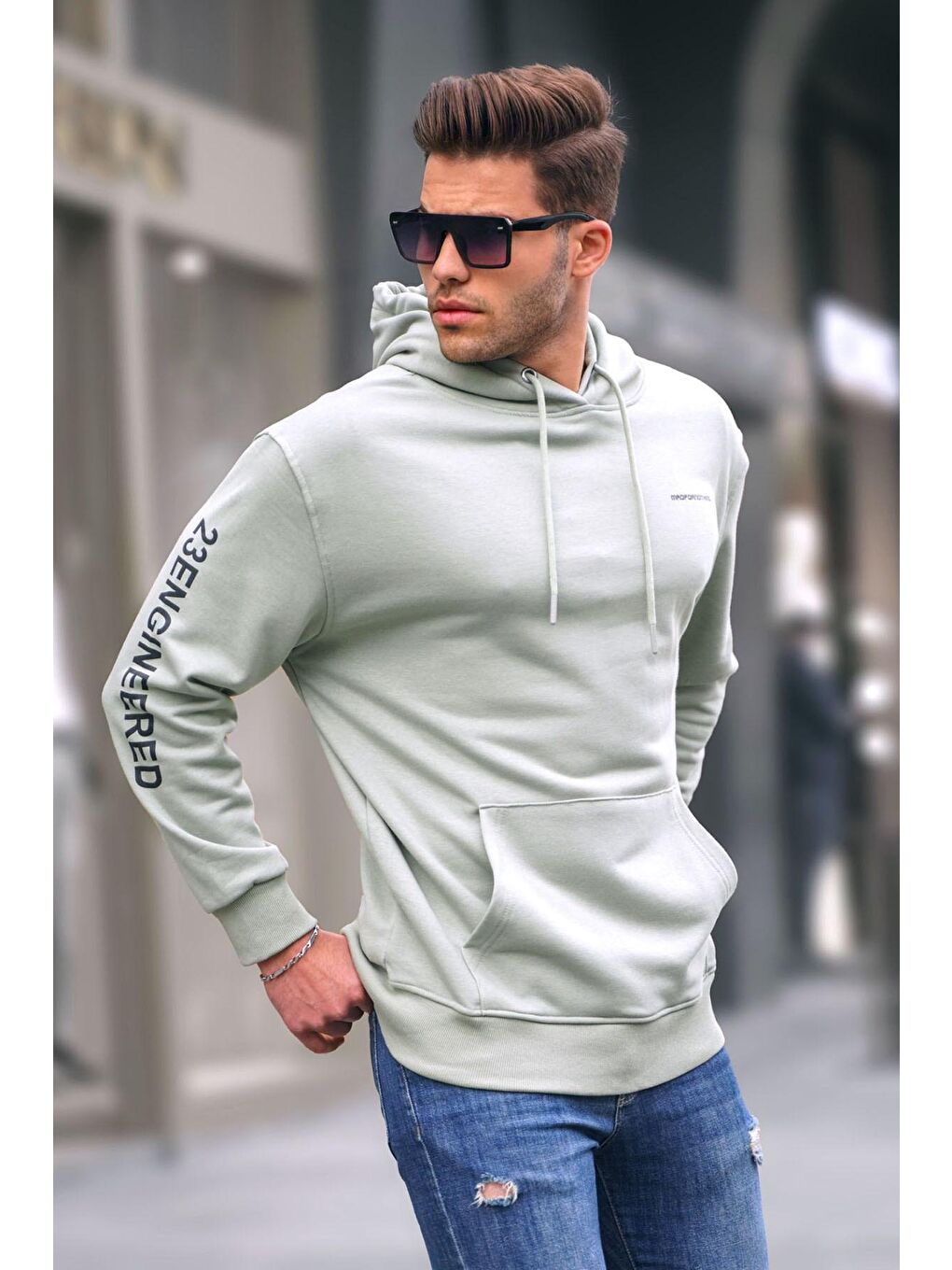 Mint Yeşili Kapüşonlu  Erkek Hoodie 6038
