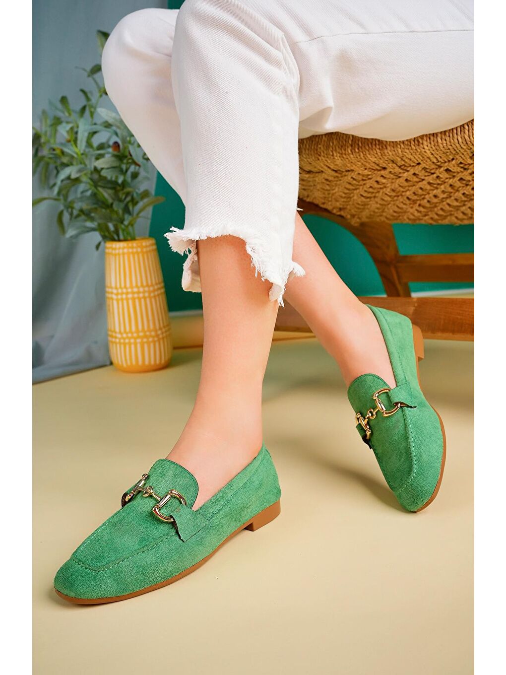 Yeşil MONA Metal Tokalı Deri Kadın Loafer Günlük Ayakkabı-2
