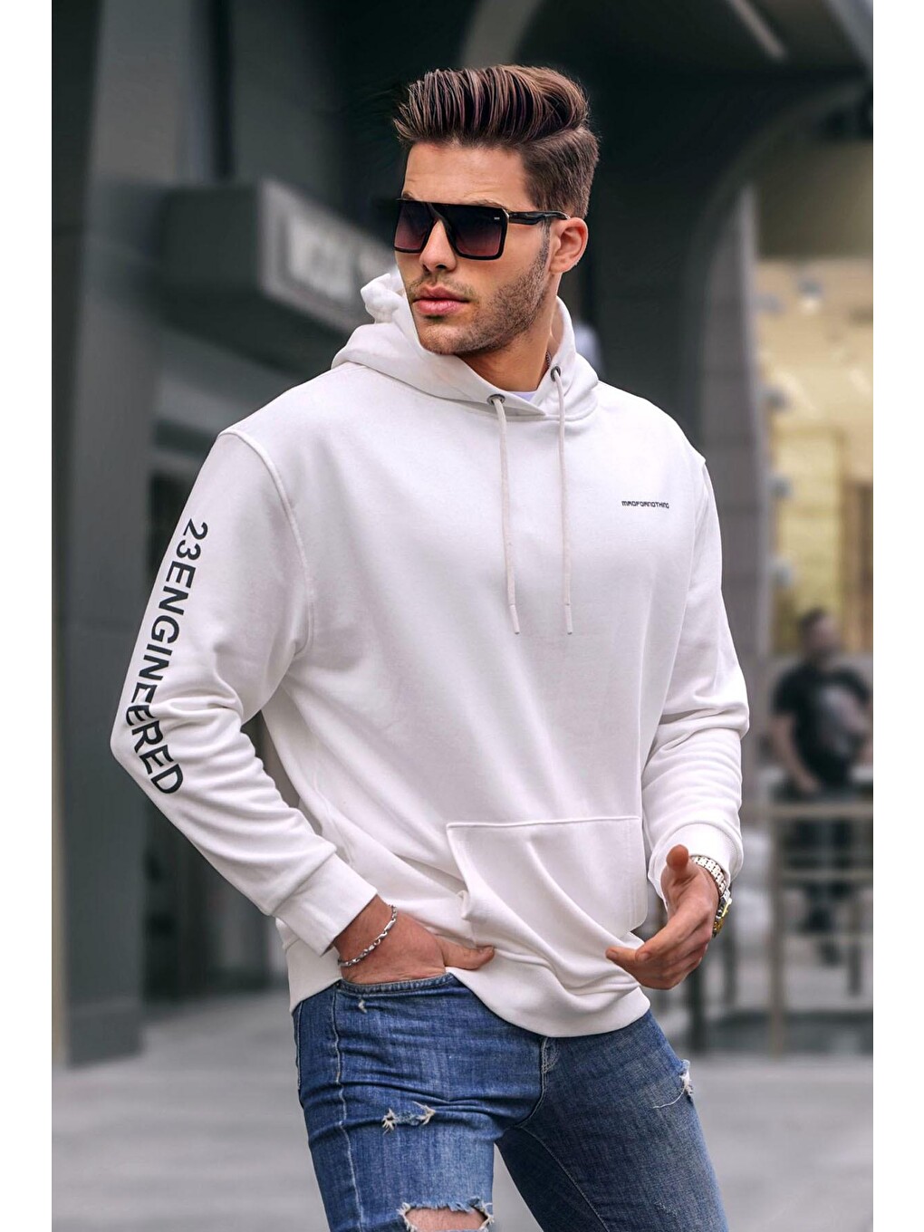 Ekru Kapüşonlu Erkek Sweatshirt 6038