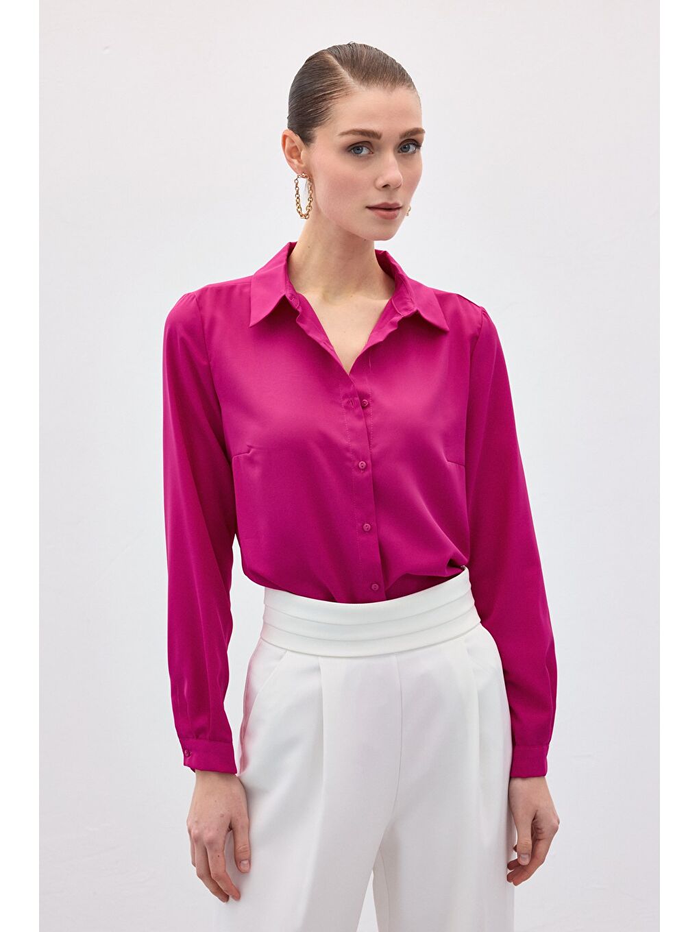 Düz Klasik Gömlek - Fuşya-1