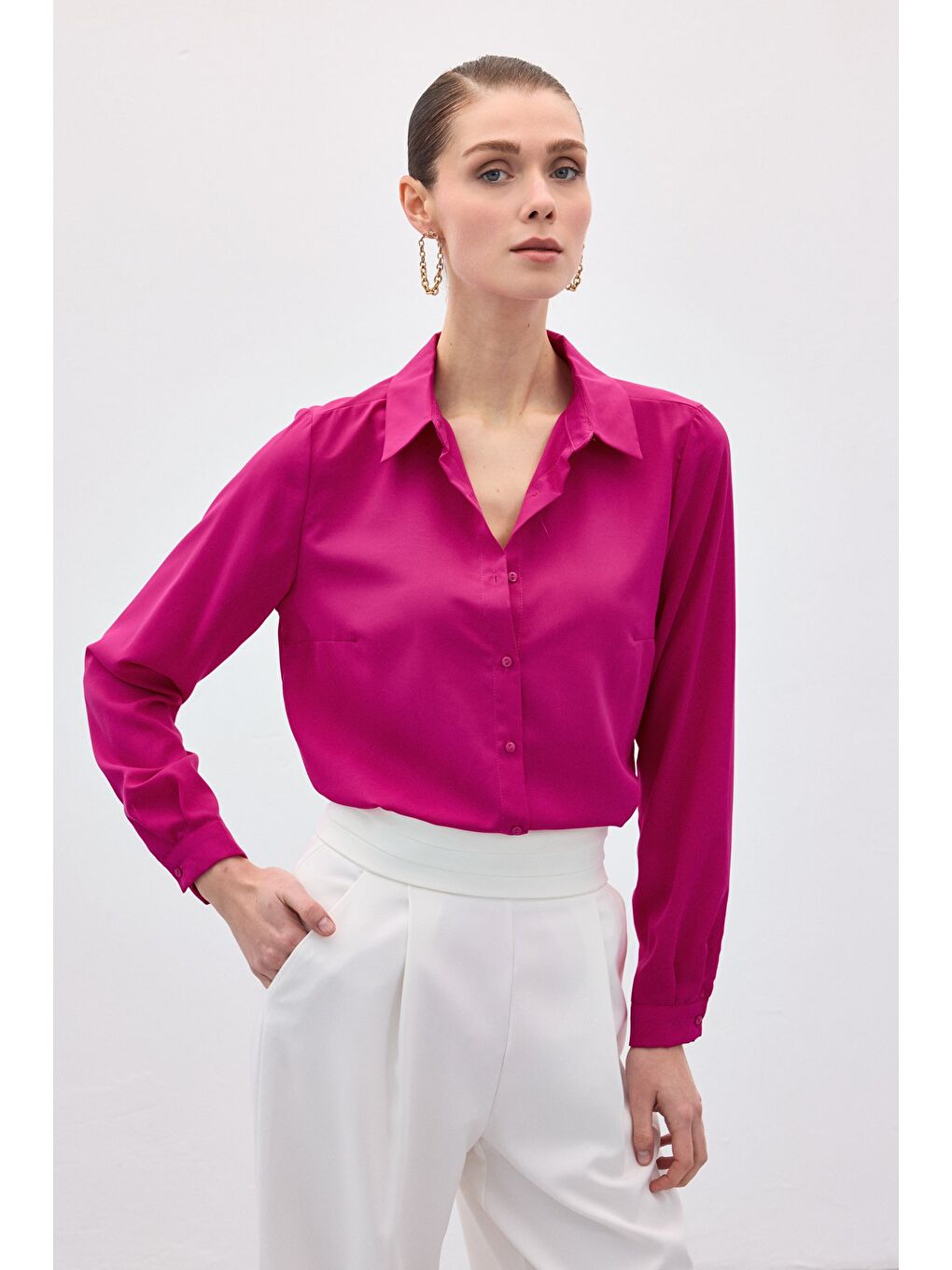Düz Klasik Gömlek - Fuşya-3
