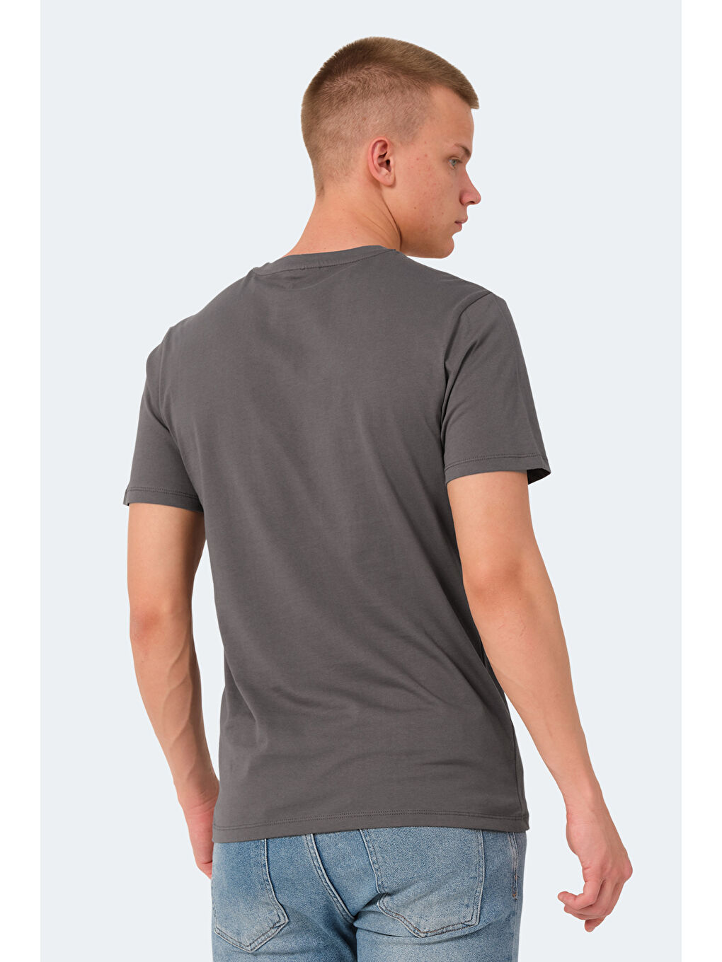 Gri Bisiklet Yaka Kısa Kollu Baskılı Erkek Tişört-1