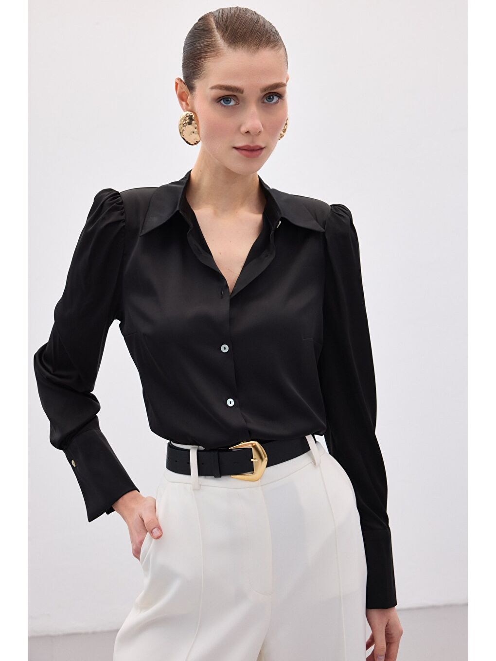 Vatkalı Saten Gömlek - Siyah-3