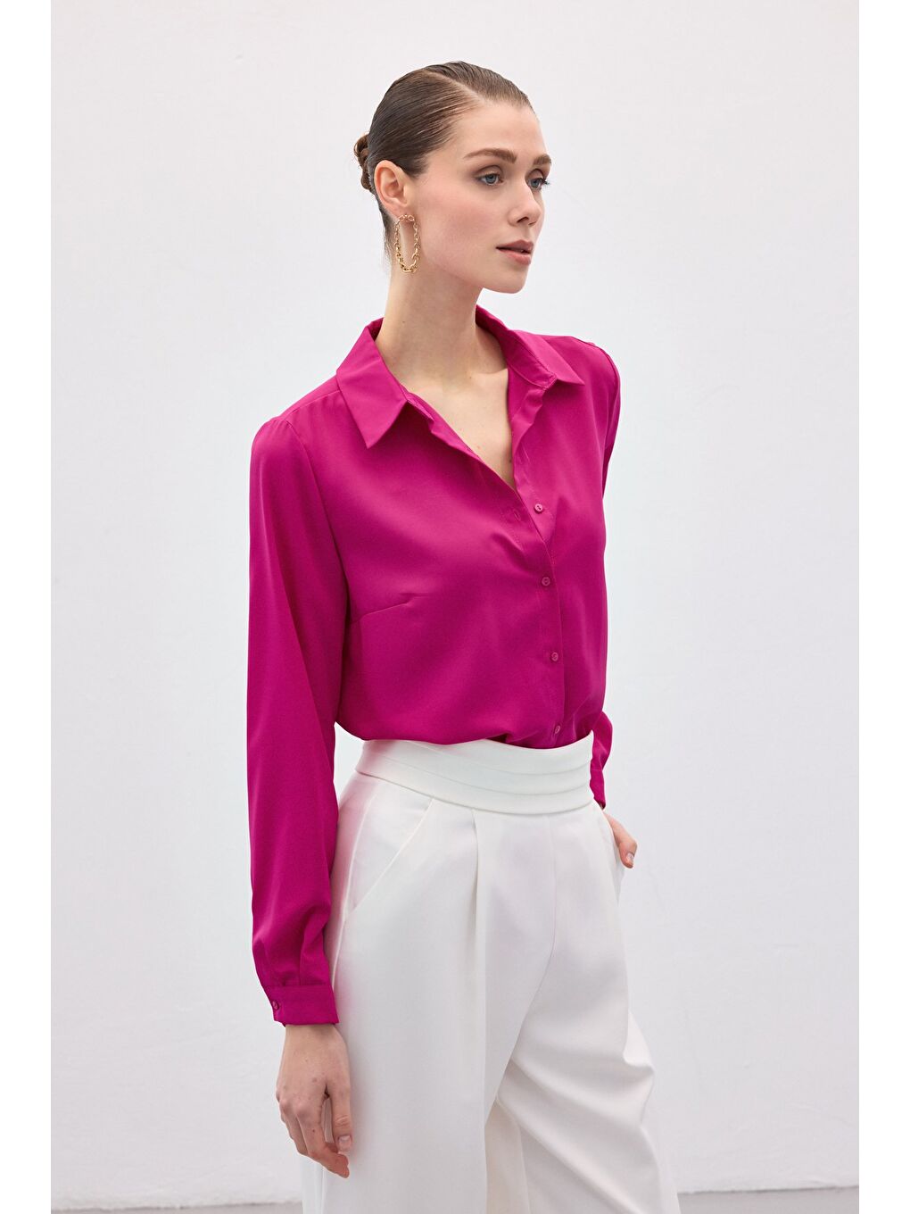 Düz Klasik Gömlek - Fuşya-4