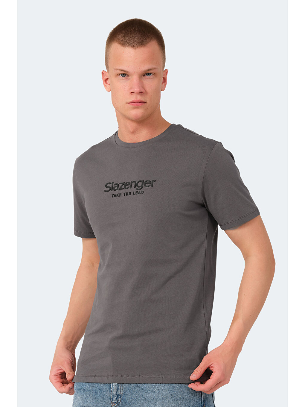 Gri Bisiklet Yaka Kısa Kollu Baskılı Erkek Tişört-2