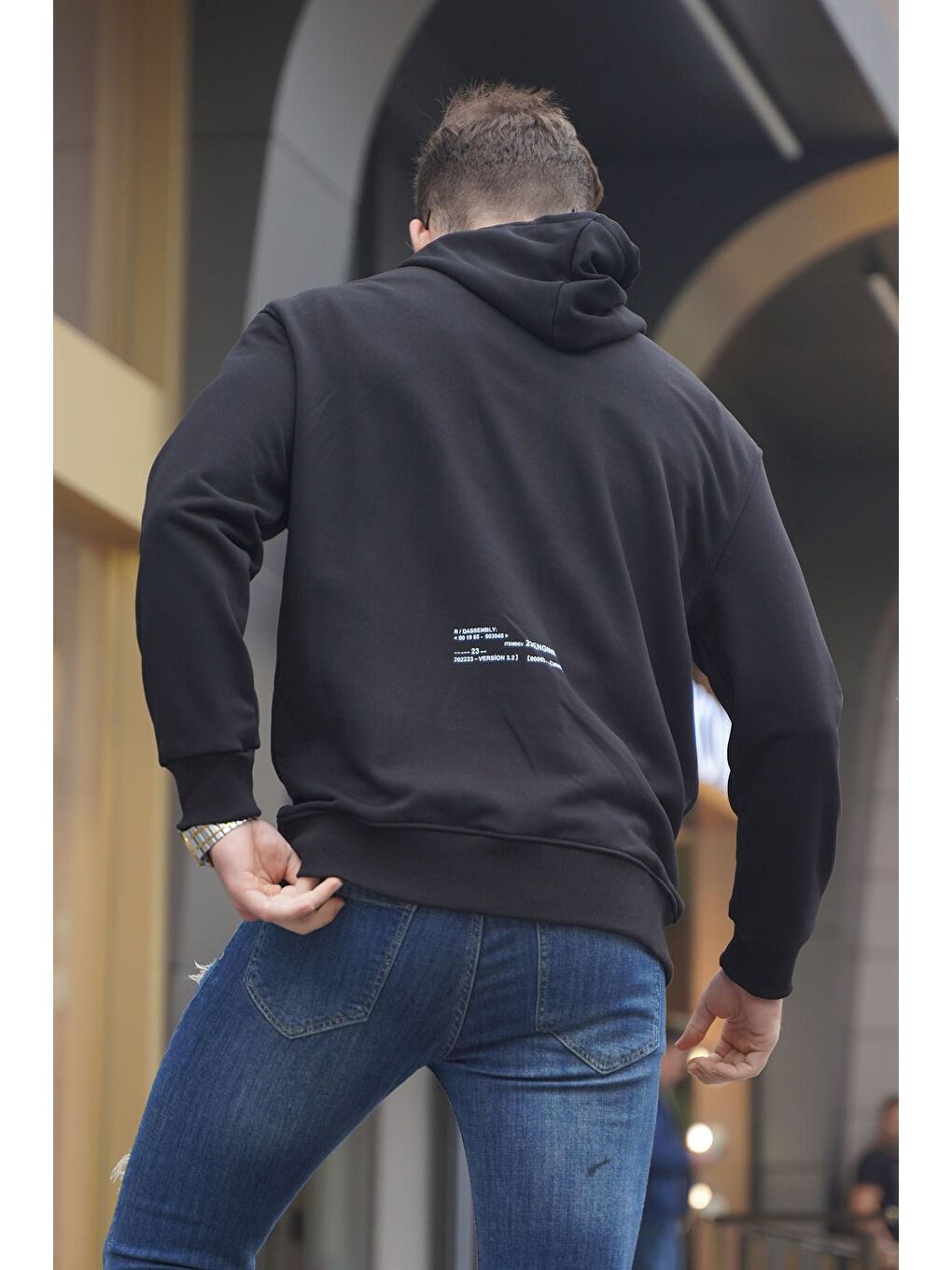 Siyah Kapüşonlu  Erkek Hoodie 6038-1