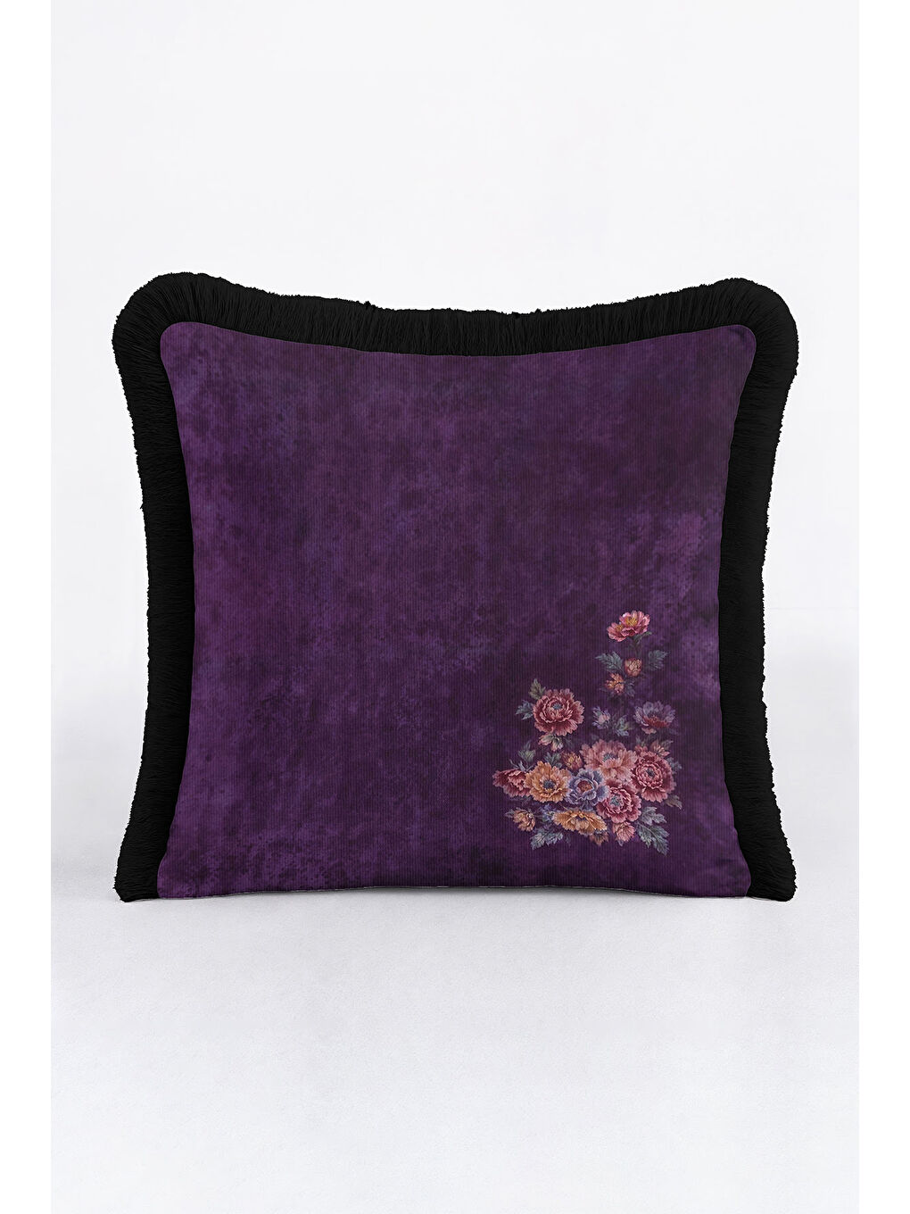 Karışık Göz Alıcı Mor Çiçekli Saçaklı Yastık Kılıfı - Asil Çiçek Bohem Siyah Püsküllü Kırlent Kılıfı-3
