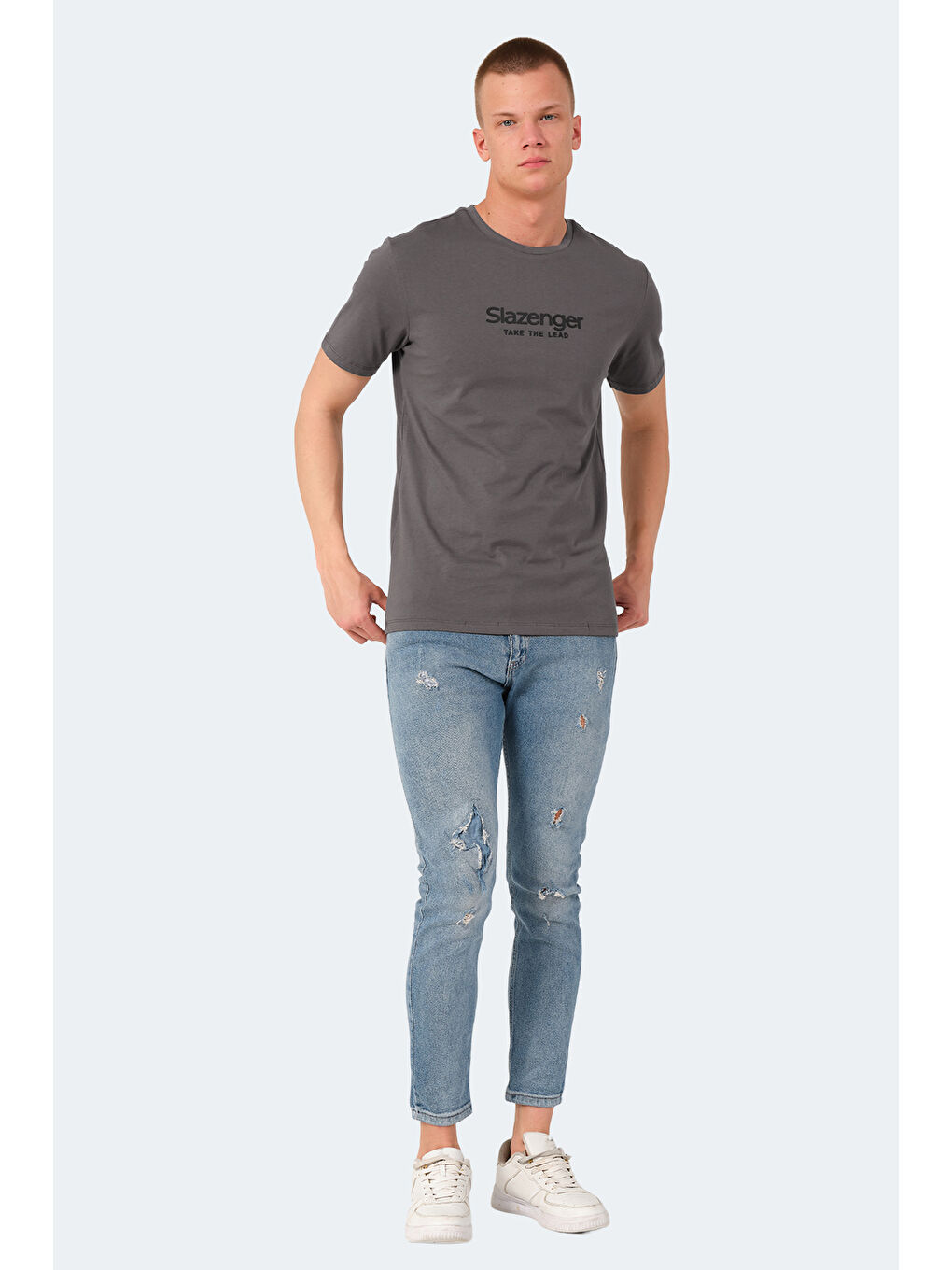 Gri Bisiklet Yaka Kısa Kollu Baskılı Erkek Tişört-5