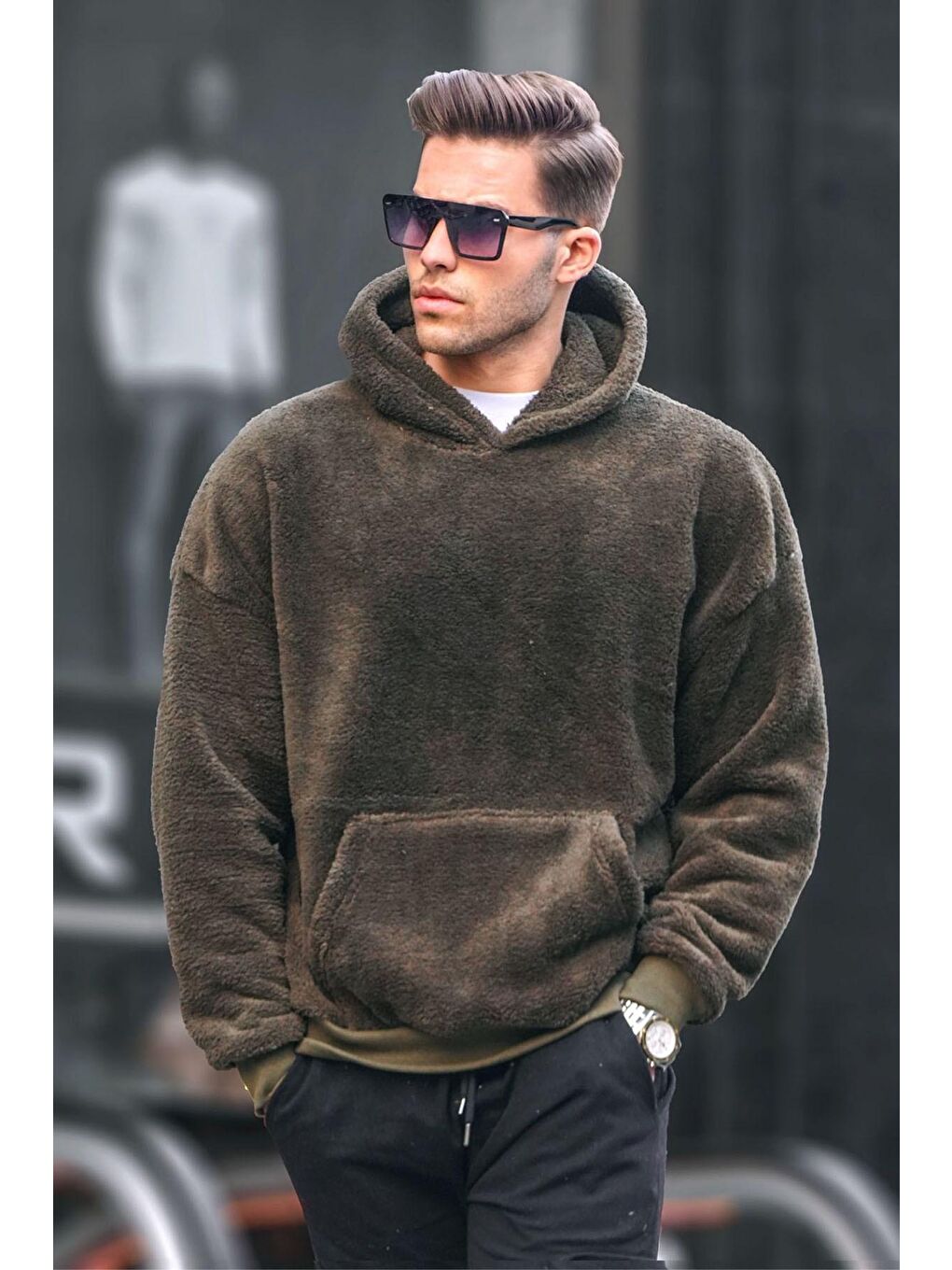 Madmext Haki Peluş Kapüşonlu Erkek Sweatshirt 6050