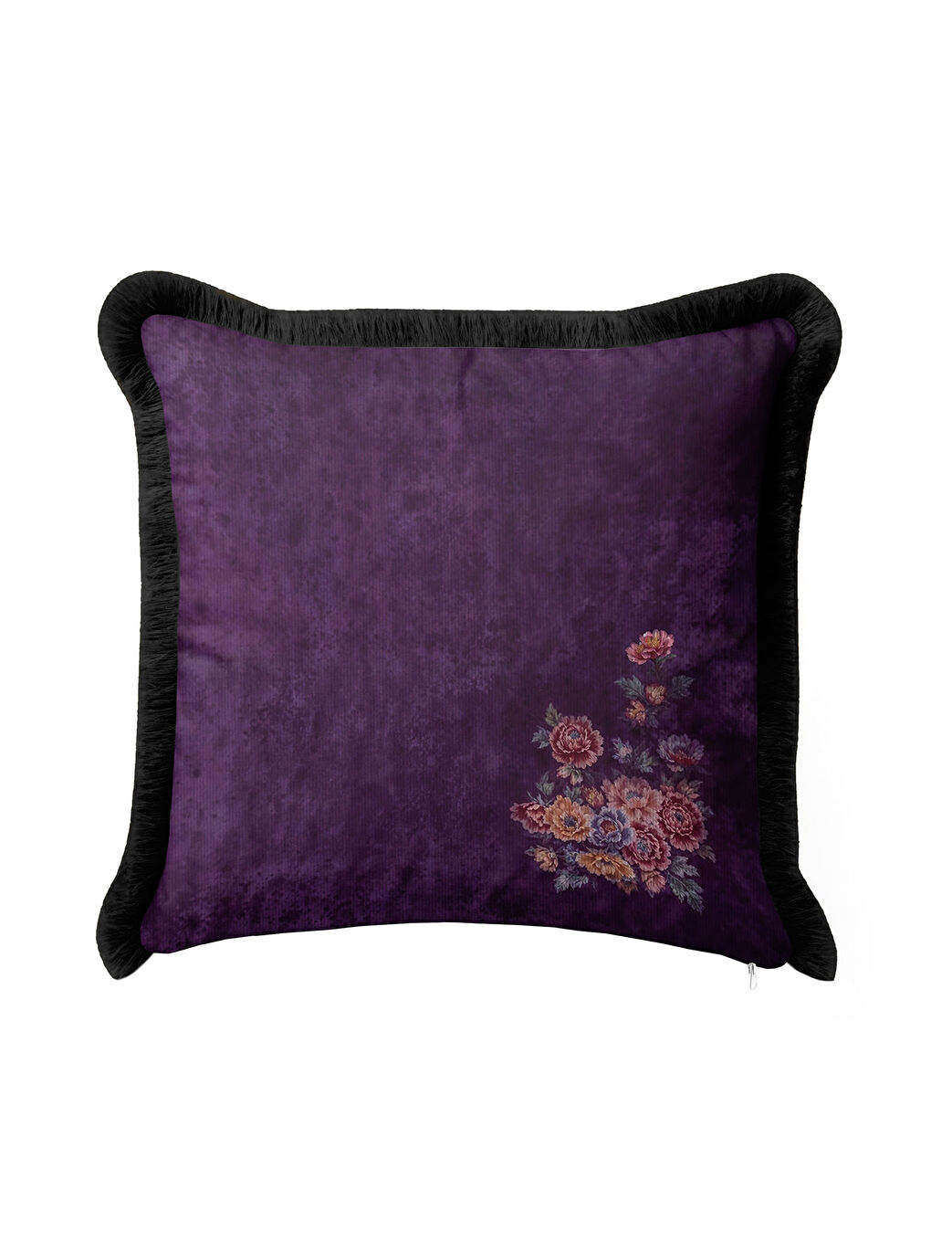 Karışık Göz Alıcı Mor Çiçekli Saçaklı Yastık Kılıfı - Asil Çiçek Bohem Siyah Püsküllü Kırlent Kılıfı-4