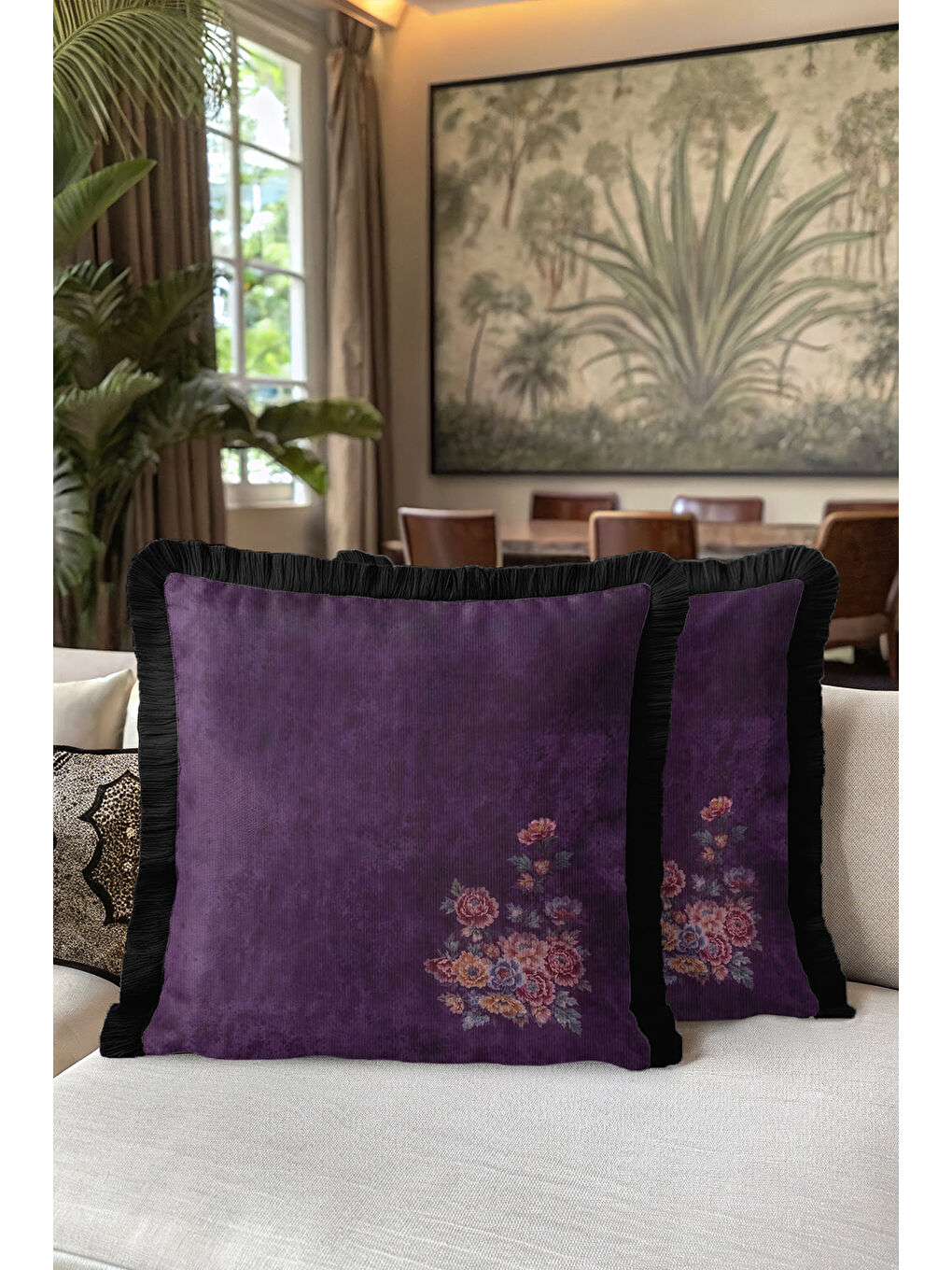 Karışık Göz Alıcı Mor Çiçekli Saçaklı Yastık Kılıfı - Asil Çiçek Bohem Siyah Püsküllü Kırlent Kılıfı-5