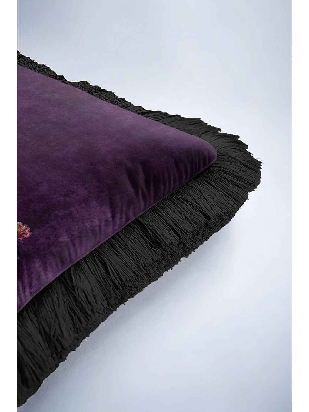 Karışık Göz Alıcı Mor Çiçekli Saçaklı Yastık Kılıfı - Asil Çiçek Bohem Siyah Püsküllü Kırlent Kılıfı-6