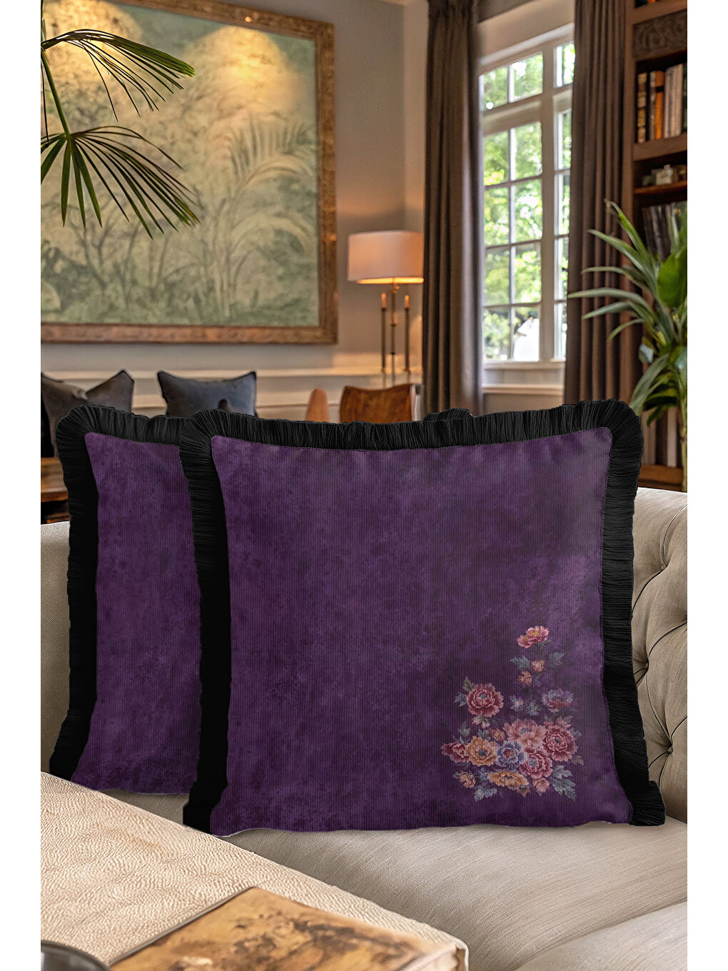 Karışık Göz Alıcı Mor Çiçekli Saçaklı Yastık Kılıfı - Asil Çiçek Bohem Siyah Püsküllü Kırlent Kılıfı-7
