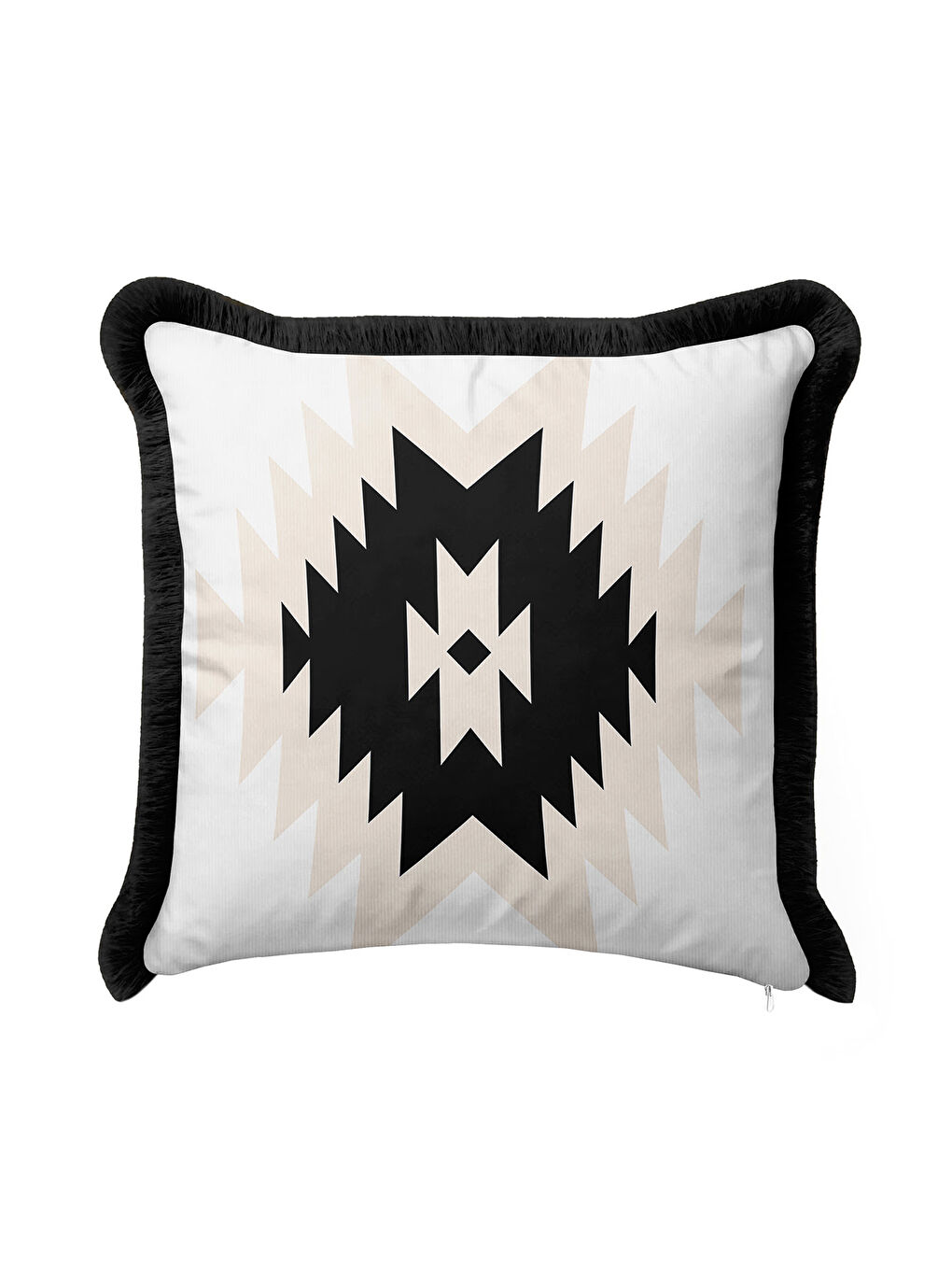 Karışık Geometrik Zigzag Saçaklı Yastık Kılıfı - Etnik Bohem Siyah Krem Püsküllü Kırlent Kılıfı
