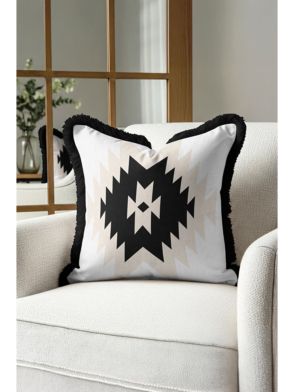 Karışık Geometrik Zigzag Saçaklı Yastık Kılıfı - Etnik Bohem Siyah Krem Püsküllü Kırlent Kılıfı-1