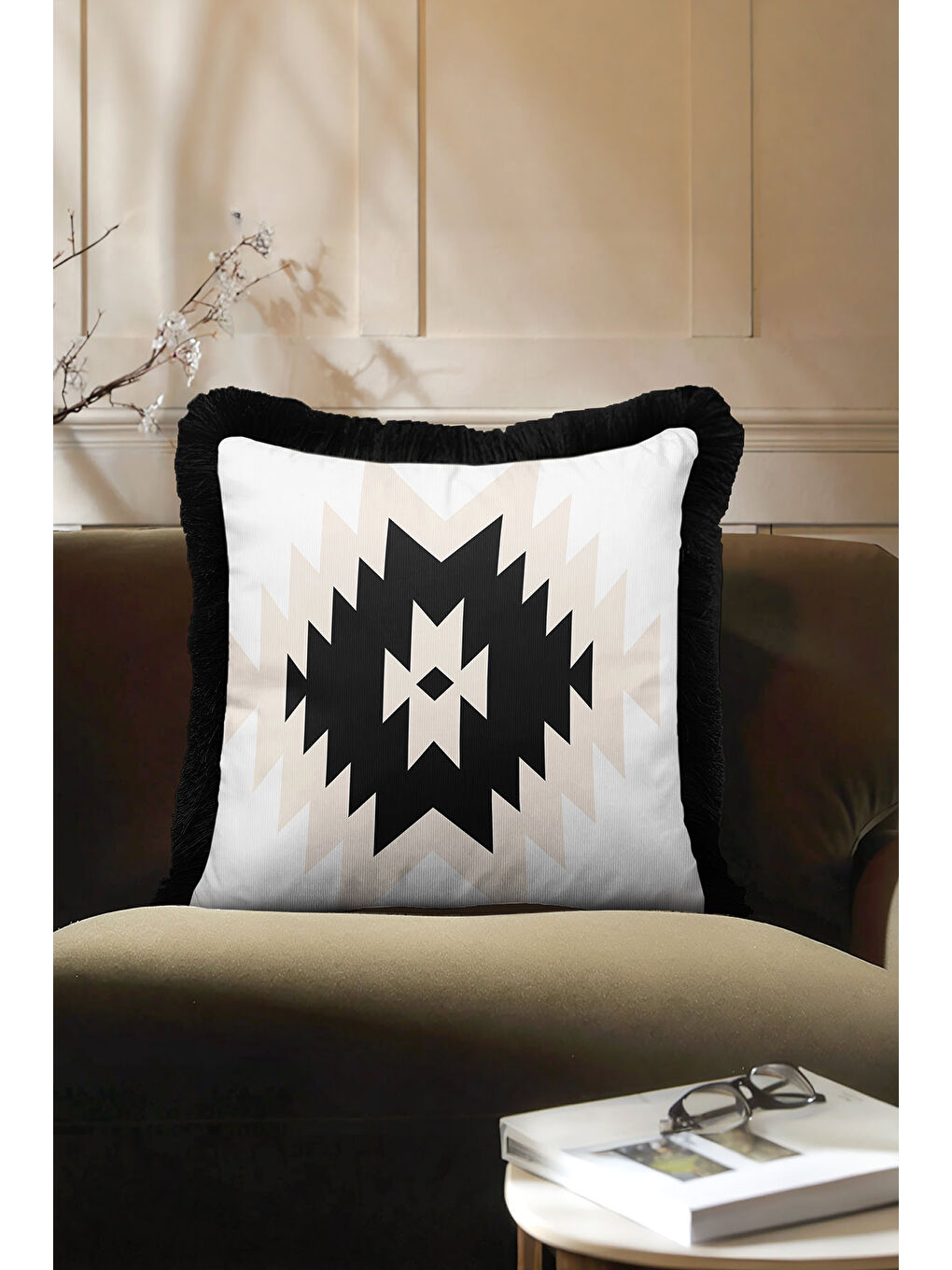 Karışık Geometrik Zigzag Saçaklı Yastık Kılıfı - Etnik Bohem Siyah Krem Püsküllü Kırlent Kılıfı-3