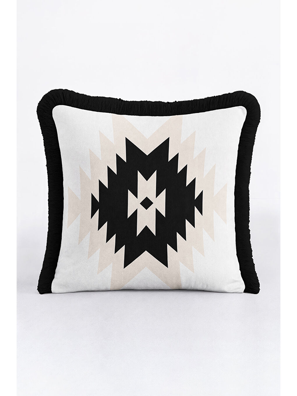 Karışık Geometrik Zigzag Saçaklı Yastık Kılıfı - Etnik Bohem Siyah Krem Püsküllü Kırlent Kılıfı-4