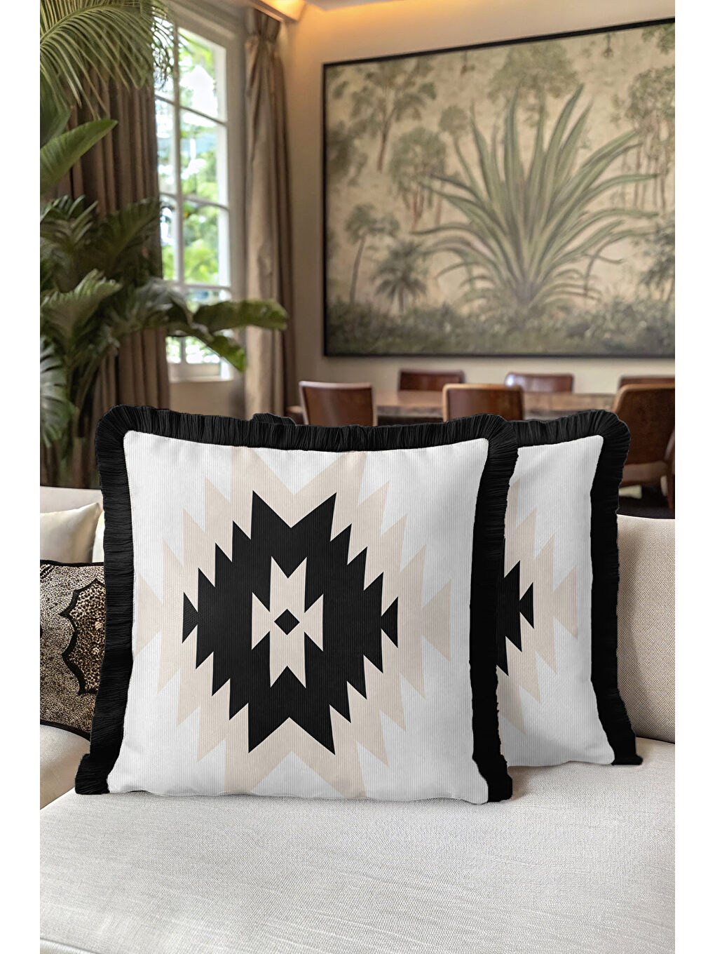 Karışık Geometrik Zigzag Saçaklı Yastık Kılıfı - Etnik Bohem Siyah Krem Püsküllü Kırlent Kılıfı-5