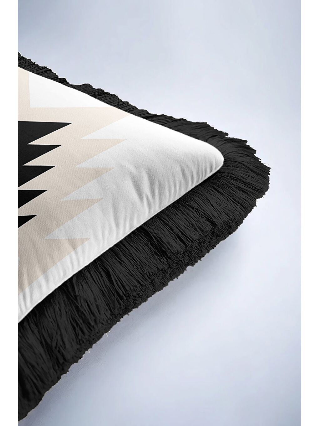 Karışık Geometrik Zigzag Saçaklı Yastık Kılıfı - Etnik Bohem Siyah Krem Püsküllü Kırlent Kılıfı-6
