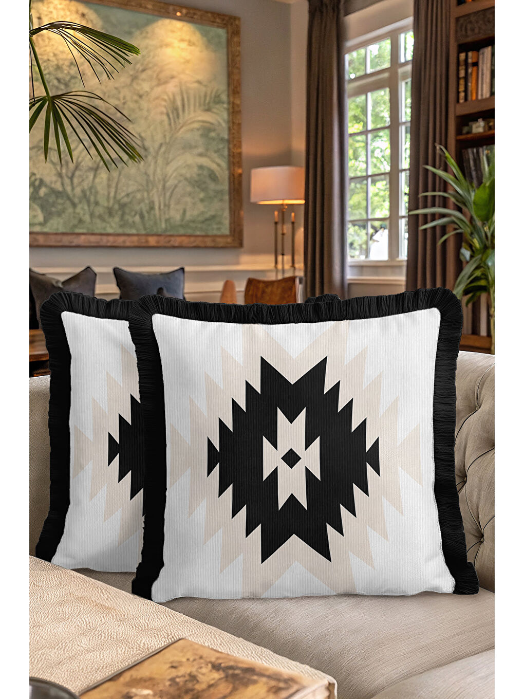 Karışık Geometrik Zigzag Saçaklı Yastık Kılıfı - Etnik Bohem Siyah Krem Püsküllü Kırlent Kılıfı-7