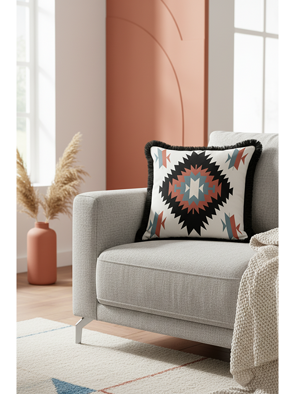 Karışık Etnik Motifli Saçaklı Yastık Kılıfı - Boho Tarzı Rustik Siyah Püsküllü Kırlent Kılıfı