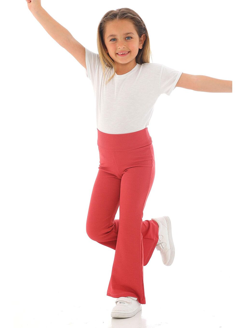 Pembe Yüksek Bel İspanyol Paça Fitilli Kız Çocuk Tayt-1