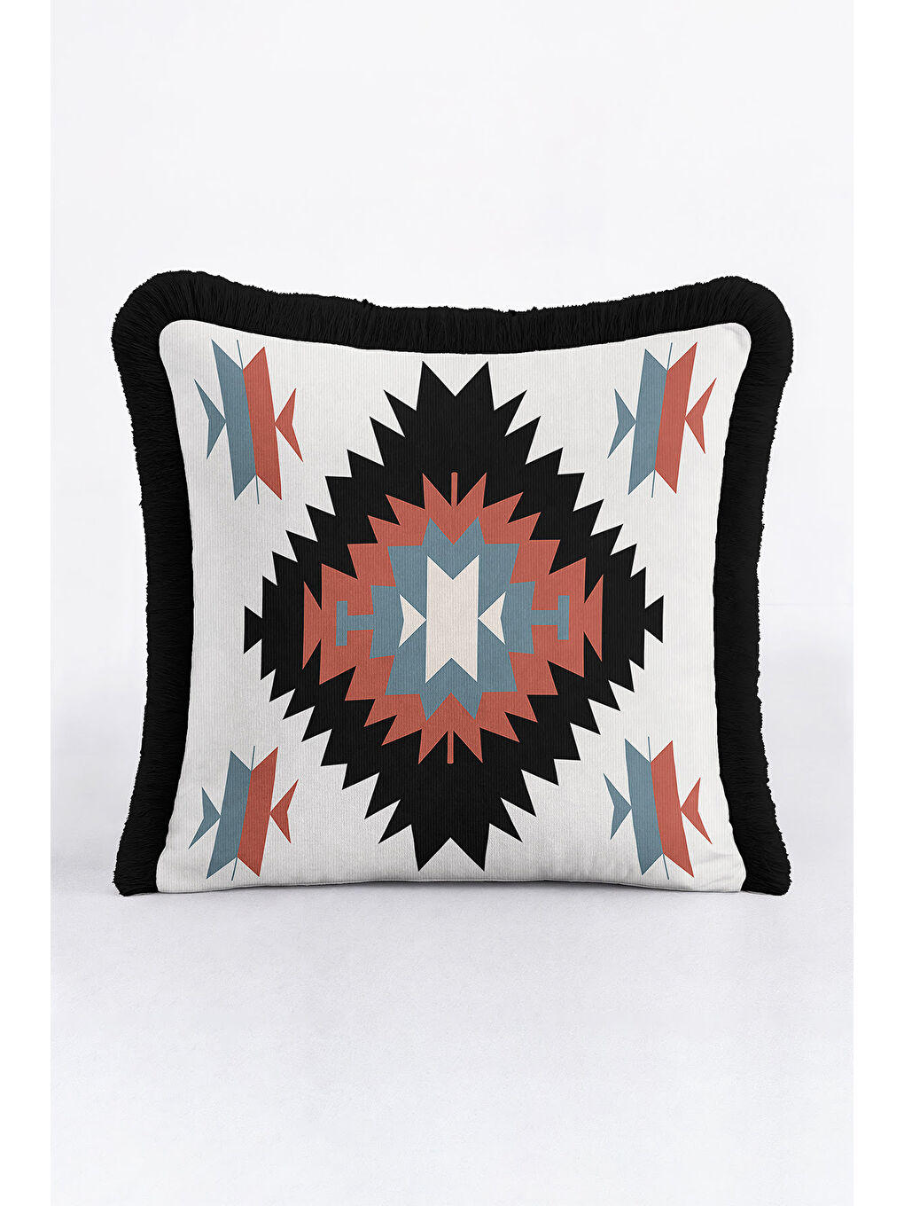 Karışık Etnik Motifli Saçaklı Yastık Kılıfı - Boho Tarzı Rustik Siyah Püsküllü Kırlent Kılıfı-1