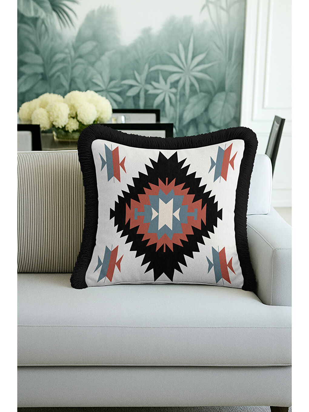 Karışık Etnik Motifli Saçaklı Yastık Kılıfı - Boho Tarzı Rustik Siyah Püsküllü Kırlent Kılıfı-2