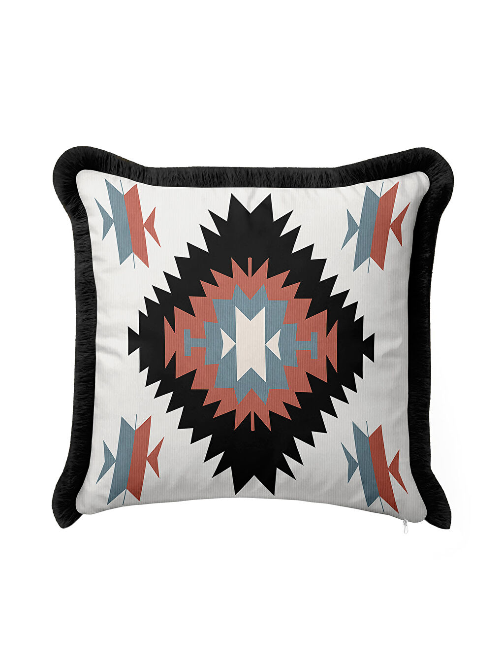 Karışık Etnik Motifli Saçaklı Yastık Kılıfı - Boho Tarzı Rustik Siyah Püsküllü Kırlent Kılıfı-3