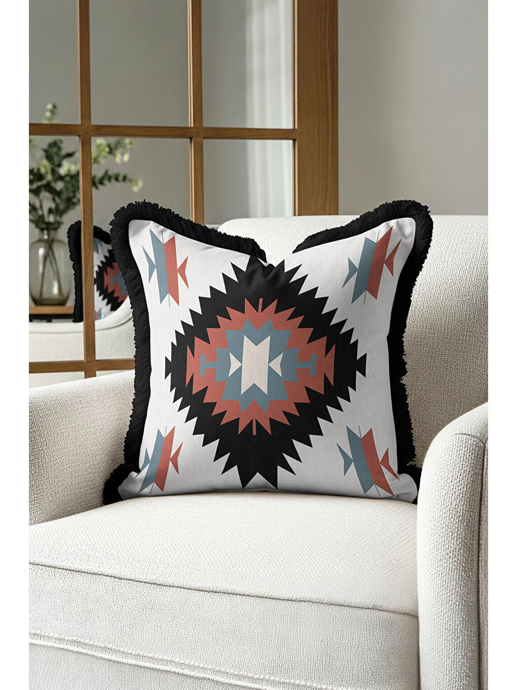 Karışık Etnik Motifli Saçaklı Yastık Kılıfı - Boho Tarzı Rustik Siyah Püsküllü Kırlent Kılıfı-4