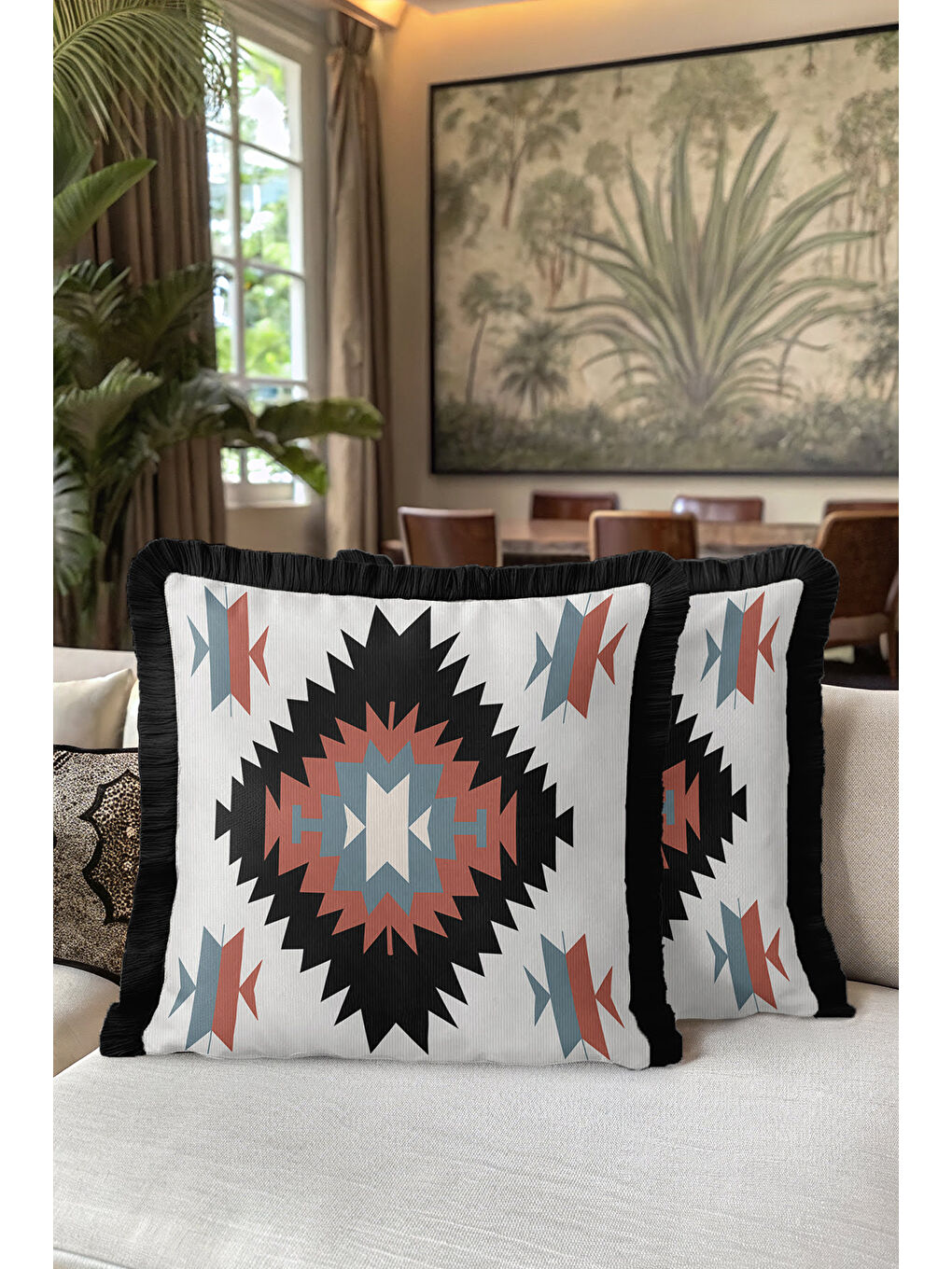 Karışık Etnik Motifli Saçaklı Yastık Kılıfı - Boho Tarzı Rustik Siyah Püsküllü Kırlent Kılıfı-5