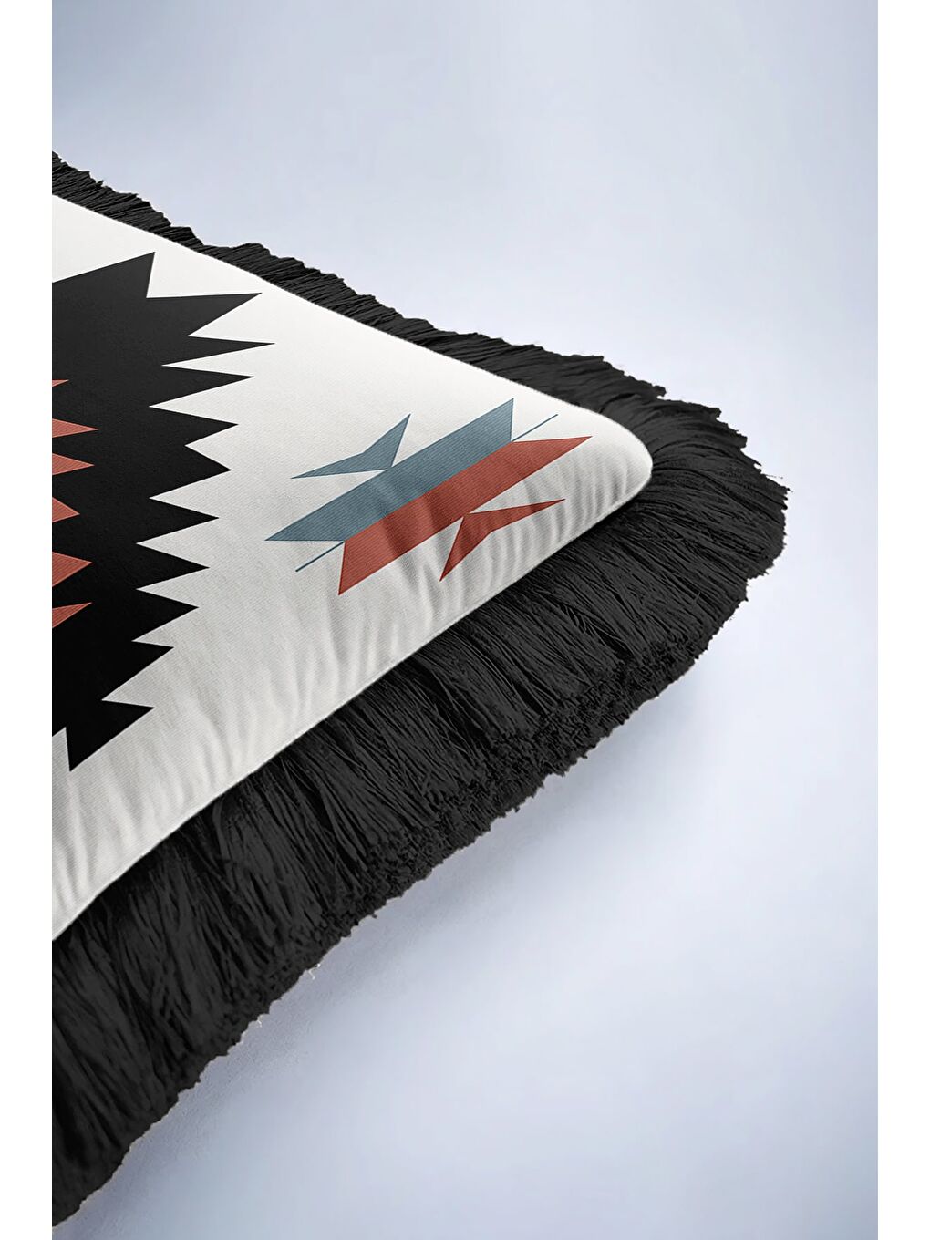 Karışık Etnik Motifli Saçaklı Yastık Kılıfı - Boho Tarzı Rustik Siyah Püsküllü Kırlent Kılıfı-6