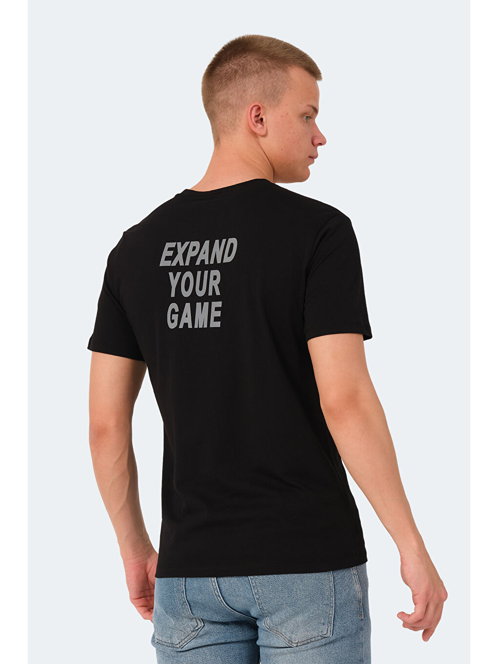 Siyah Bisiklet Yaka Kısa Kollu Arkası Yazı Baskılı Erkek %100 Pamuk Tişört-1