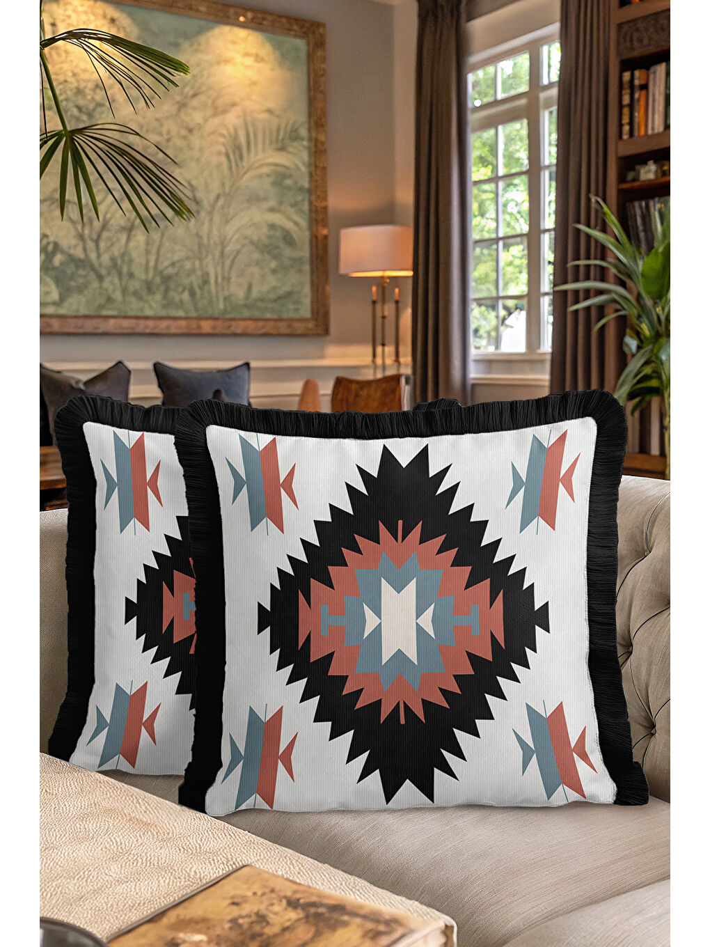 Karışık Etnik Motifli Saçaklı Yastık Kılıfı - Boho Tarzı Rustik Siyah Püsküllü Kırlent Kılıfı-7