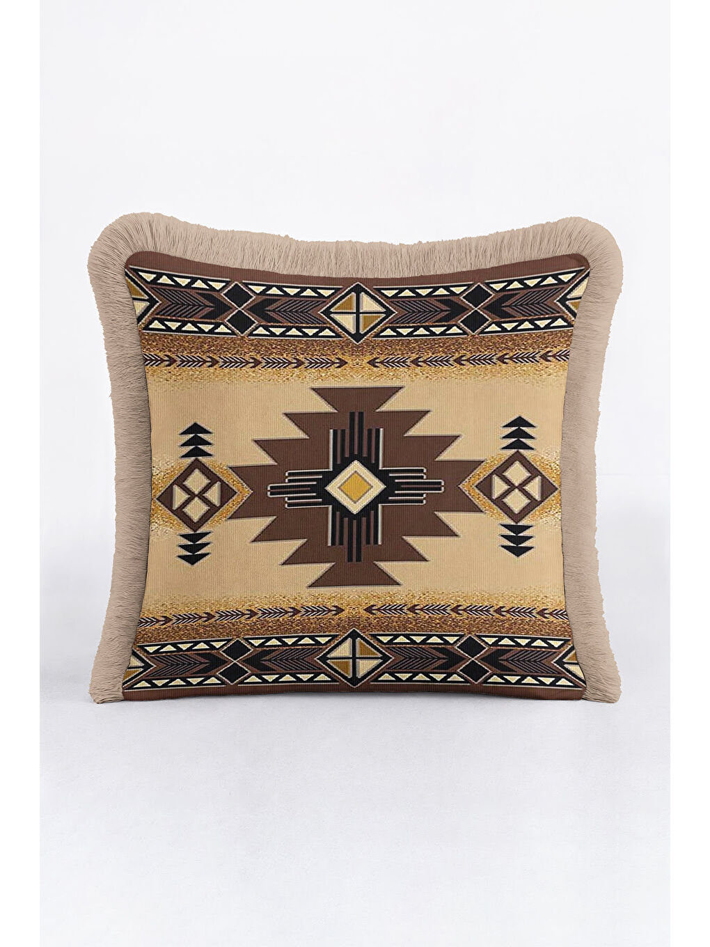 Karışık Etnik Geometrik Saçaklı Yastık Kılıfı - Bohem Country Bej Kahverengi Püsküllü Kırlent Kılıfı