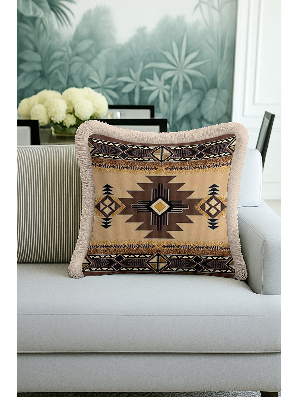 Karışık Etnik Geometrik Saçaklı Yastık Kılıfı - Bohem Country Bej Kahverengi Püsküllü Kırlent Kılıfı-1