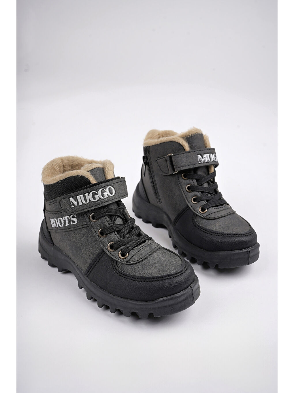 Gri TRUDY Soğuğa Dayanıklı Kürklü Cırtlı ve Bağcıklı Çocuk Bot-4