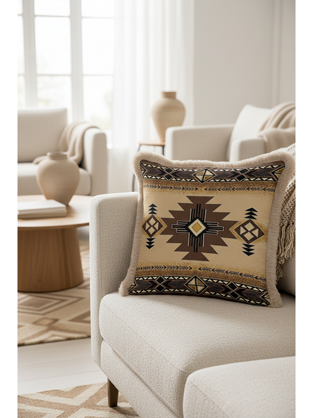 Karışık Etnik Geometrik Saçaklı Yastık Kılıfı - Bohem Country Bej Kahverengi Püsküllü Kırlent Kılıfı-2