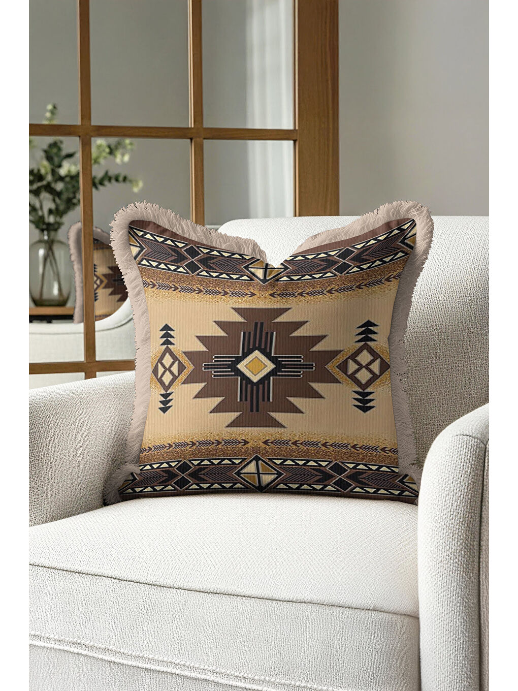Karışık Etnik Geometrik Saçaklı Yastık Kılıfı - Bohem Country Bej Kahverengi Püsküllü Kırlent Kılıfı-3
