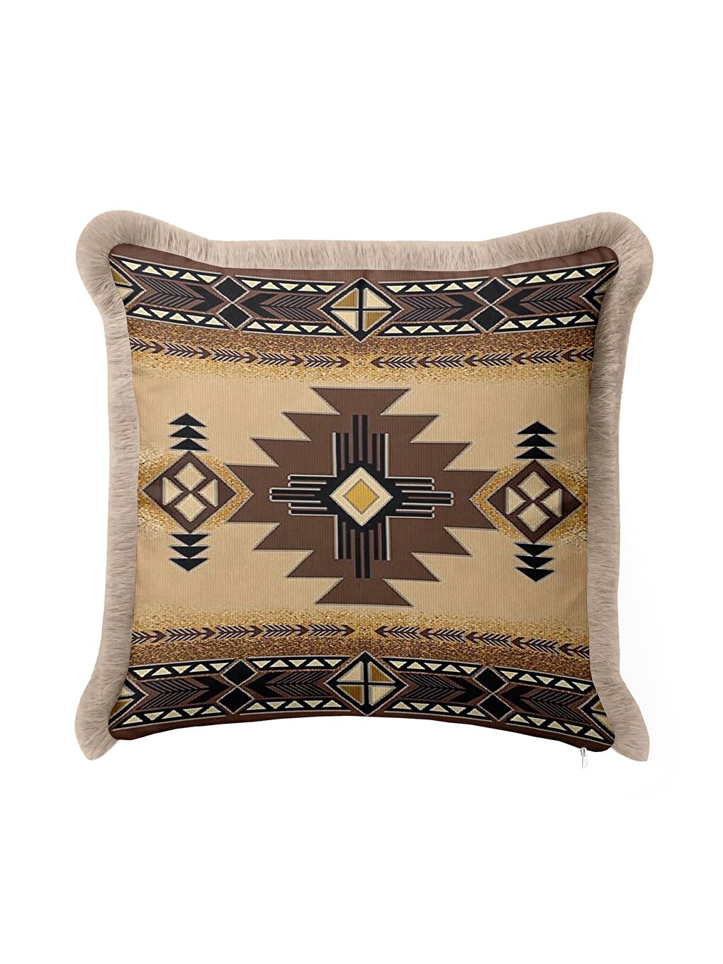 Karışık Etnik Geometrik Saçaklı Yastık Kılıfı - Bohem Country Bej Kahverengi Püsküllü Kırlent Kılıfı-4