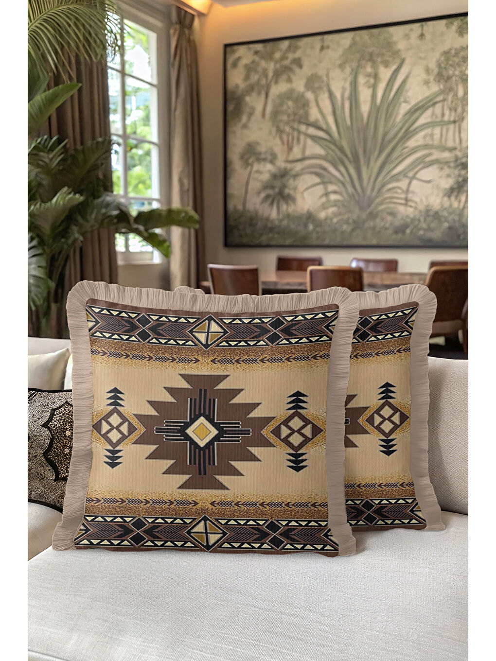 Karışık Etnik Geometrik Saçaklı Yastık Kılıfı - Bohem Country Bej Kahverengi Püsküllü Kırlent Kılıfı-5