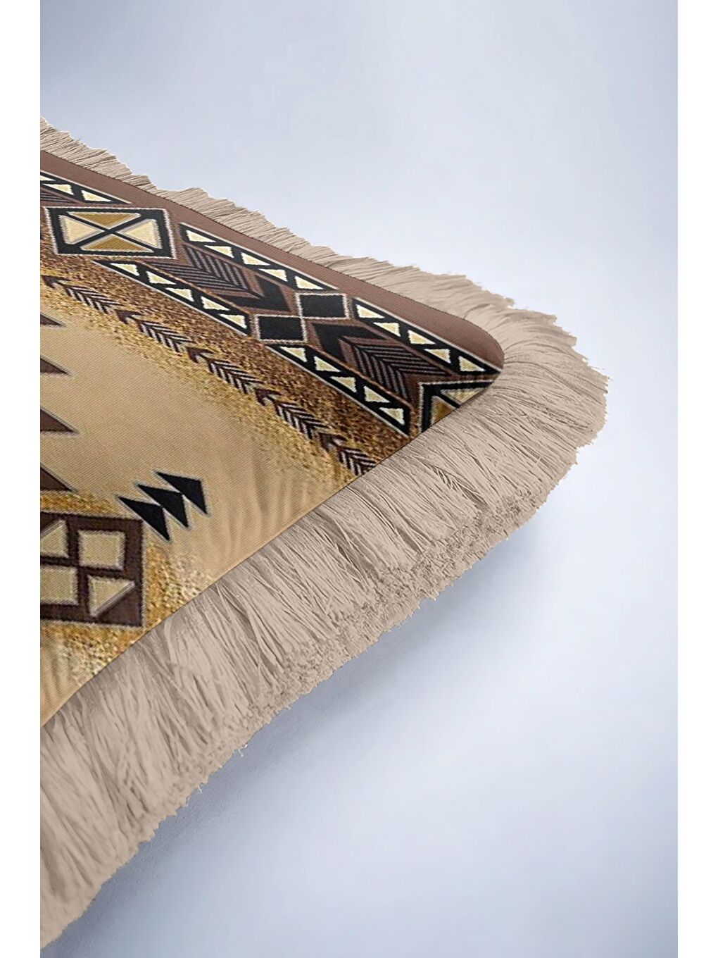 Karışık Etnik Geometrik Saçaklı Yastık Kılıfı - Bohem Country Bej Kahverengi Püsküllü Kırlent Kılıfı-6