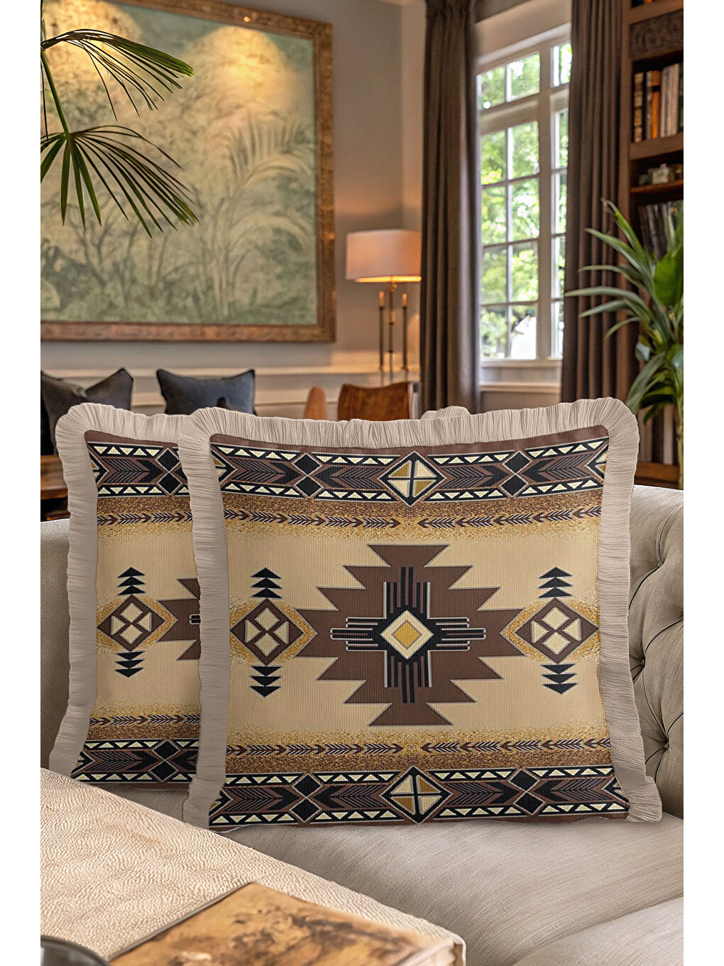 Karışık Etnik Geometrik Saçaklı Yastık Kılıfı - Bohem Country Bej Kahverengi Püsküllü Kırlent Kılıfı-7