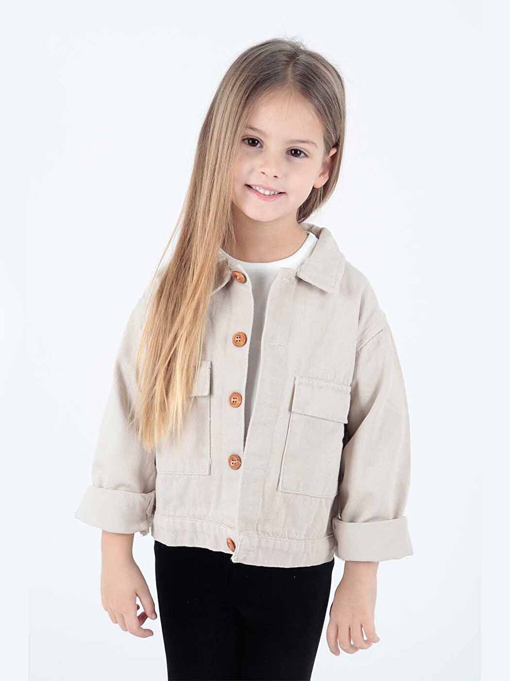 Bej Kız Çocuk Ceket Pamuklu Gabardin Renkli Ceket-1