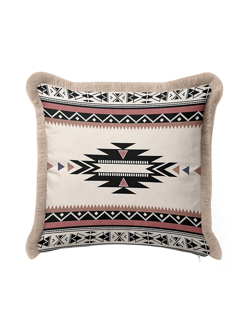 Karışık Etnik Geometrik Saçaklı Yastık Kılıfı - Tribal Bohem Bej Siyah Püsküllü Kırlent Kılıfı-1