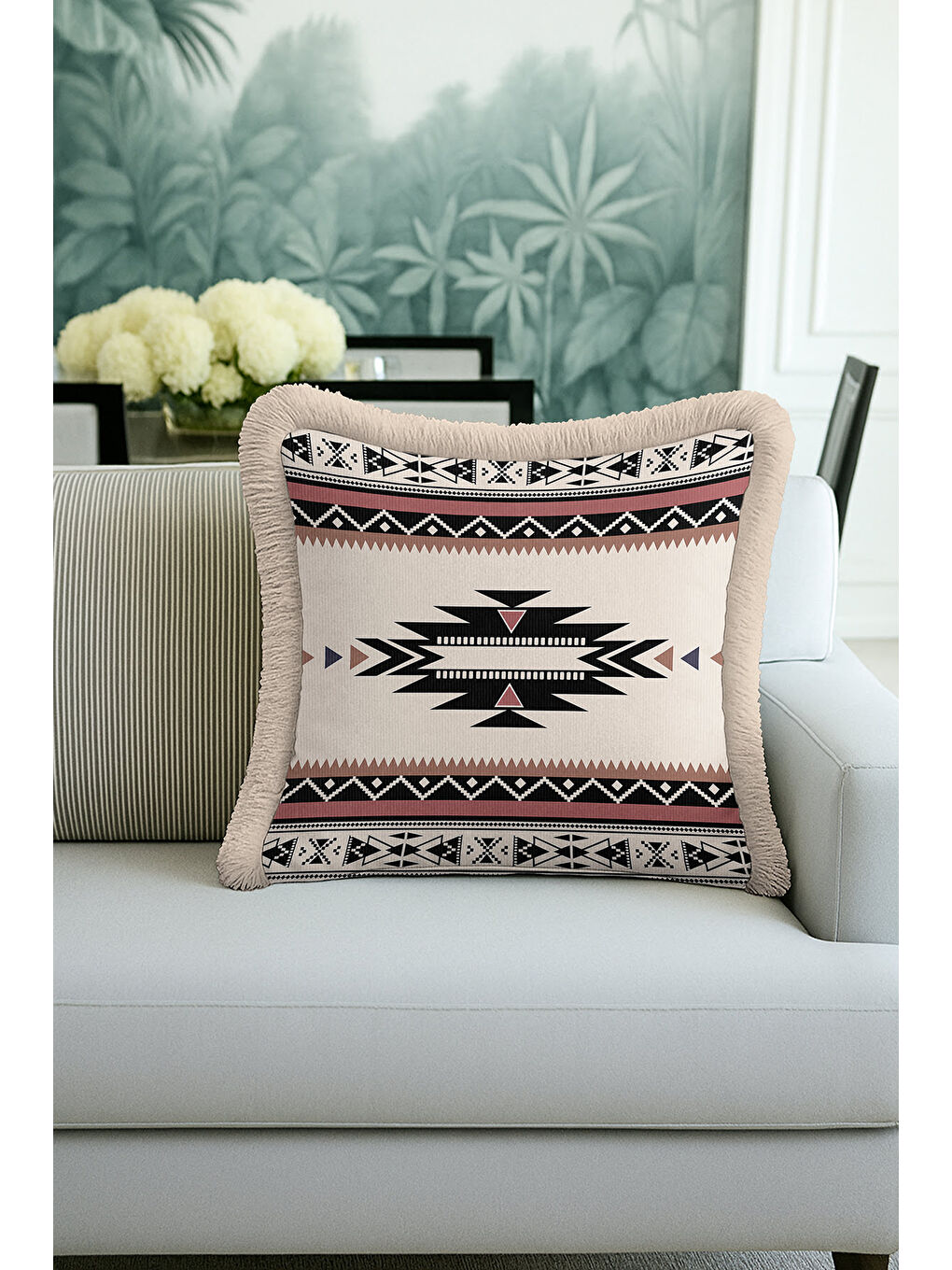 Karışık Etnik Geometrik Saçaklı Yastık Kılıfı - Tribal Bohem Bej Siyah Püsküllü Kırlent Kılıfı-2