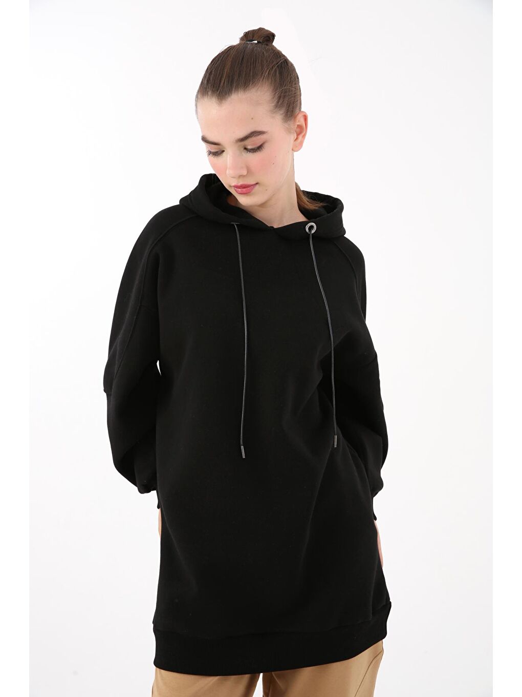 ALLDAY Siyah Arkası Fermuarlı Kapüşonlu Şardonlu Oversize Sweat Tunik - 4