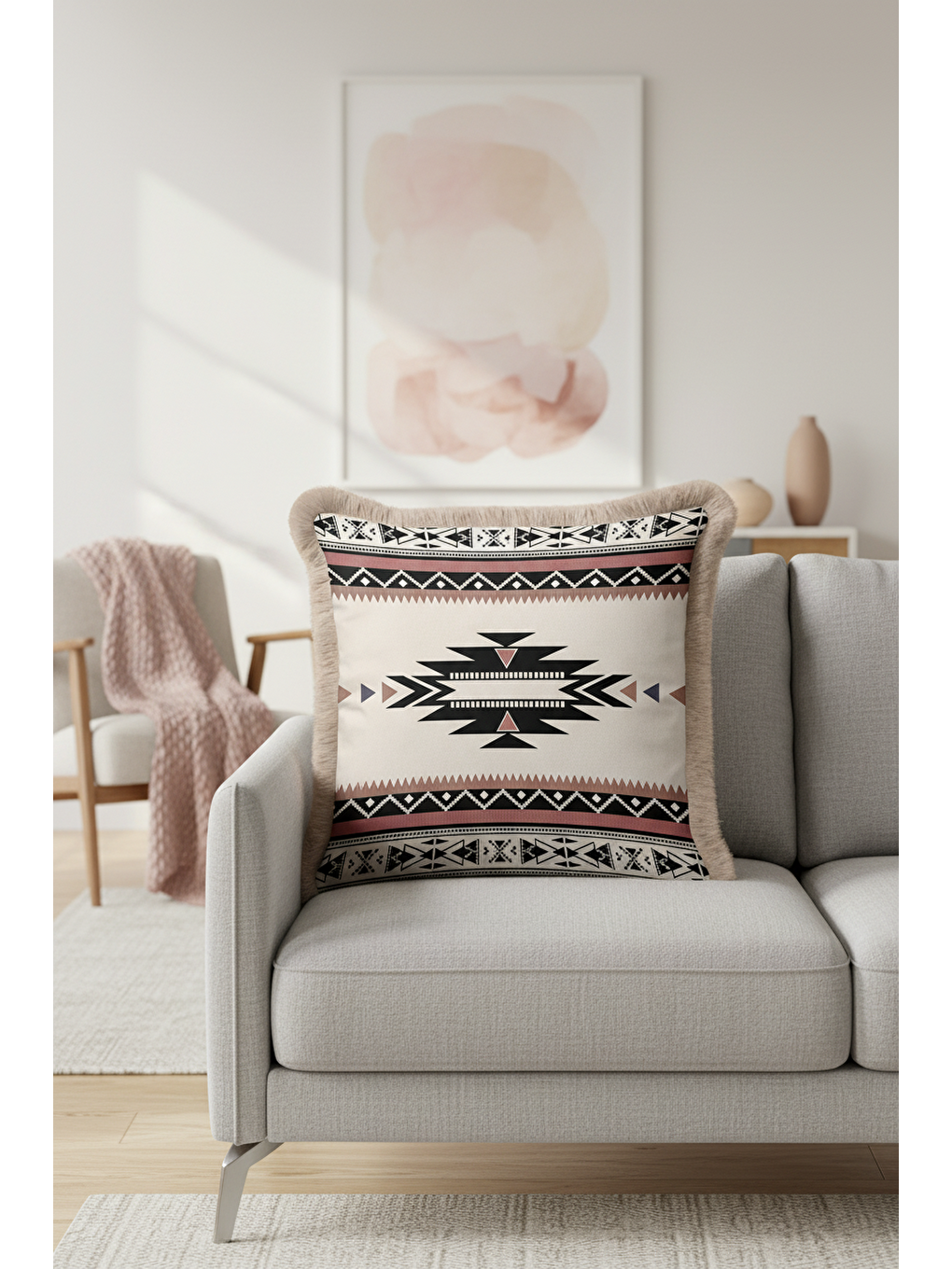 Karışık Etnik Geometrik Saçaklı Yastık Kılıfı - Tribal Bohem Bej Siyah Püsküllü Kırlent Kılıfı-3