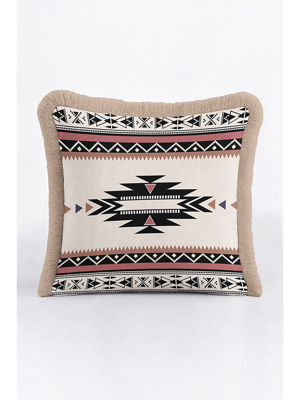 Karışık Etnik Geometrik Saçaklı Yastık Kılıfı - Tribal Bohem Bej Siyah Püsküllü Kırlent Kılıfı-4