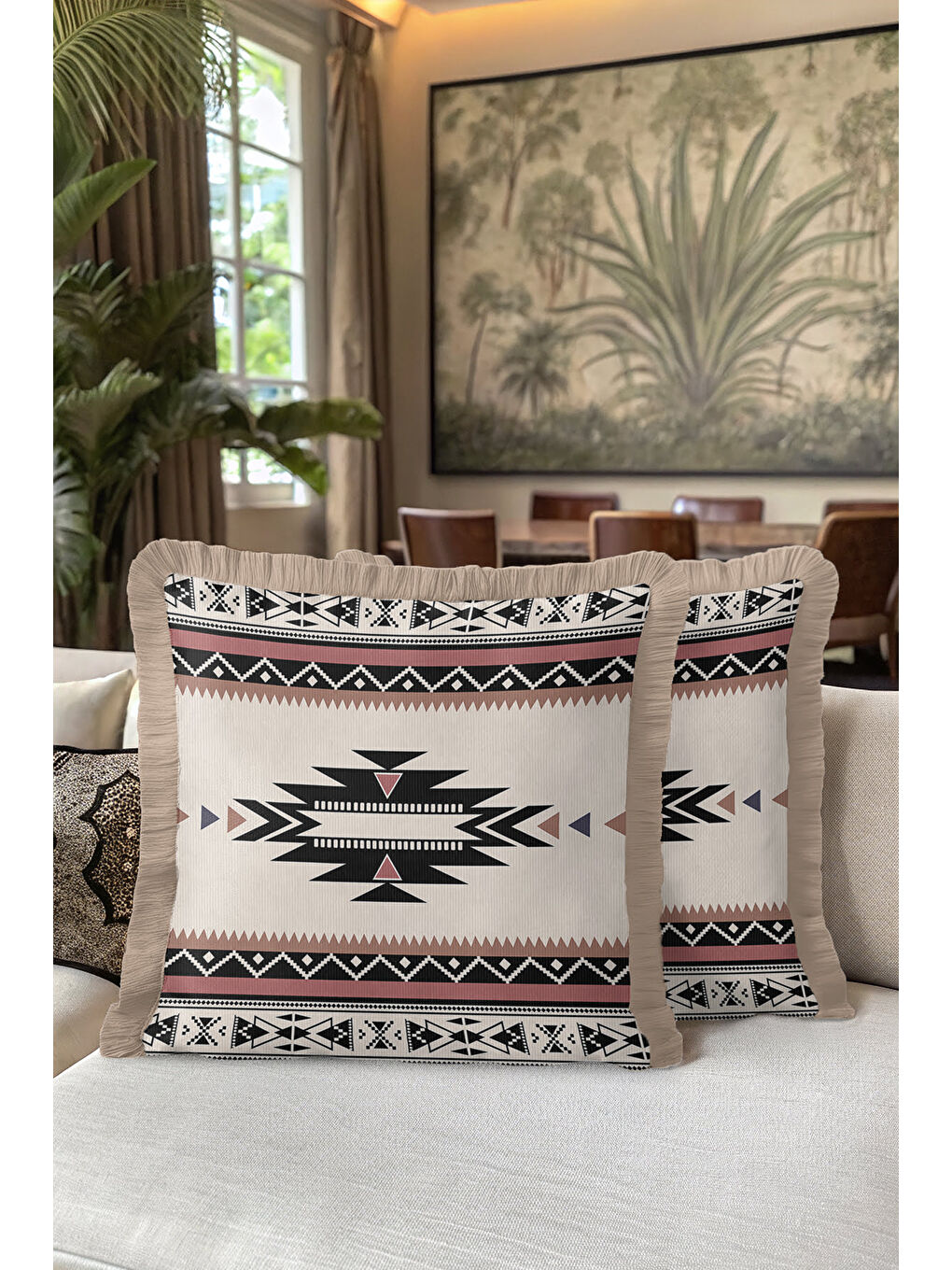 Karışık Etnik Geometrik Saçaklı Yastık Kılıfı - Tribal Bohem Bej Siyah Püsküllü Kırlent Kılıfı-5